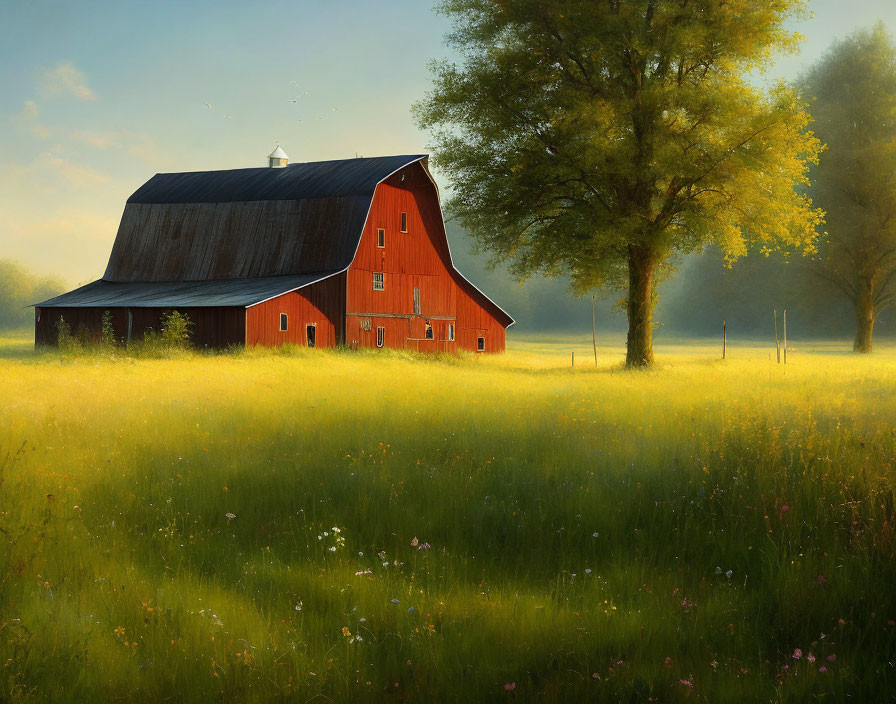 Tranquil landscape with red barn, tree, and tall grass in warm sunlight