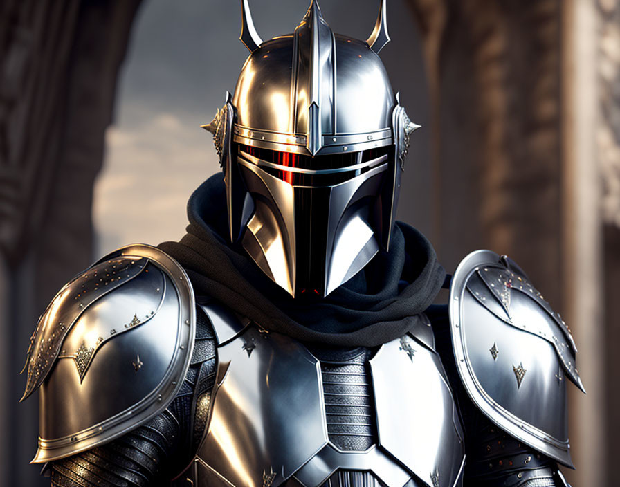 Knight in shining armor with plumed helmet and black cloak amidst stone pillars