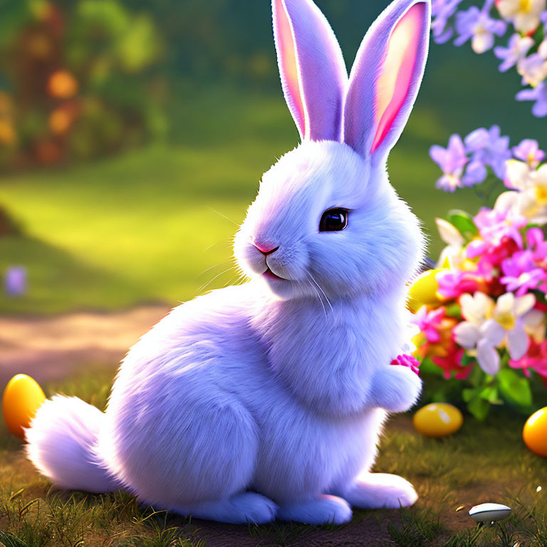 Fluffy white rabbit in lush garden with colorful flowers and Easter eggs