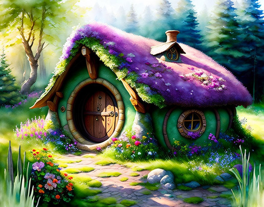 Green Hobbit House With Purple Roof