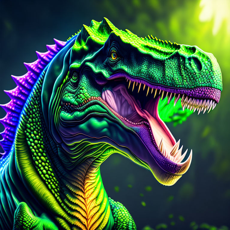 Colorful Roaring T-Rex Digital Artwork with Iridescent Scales