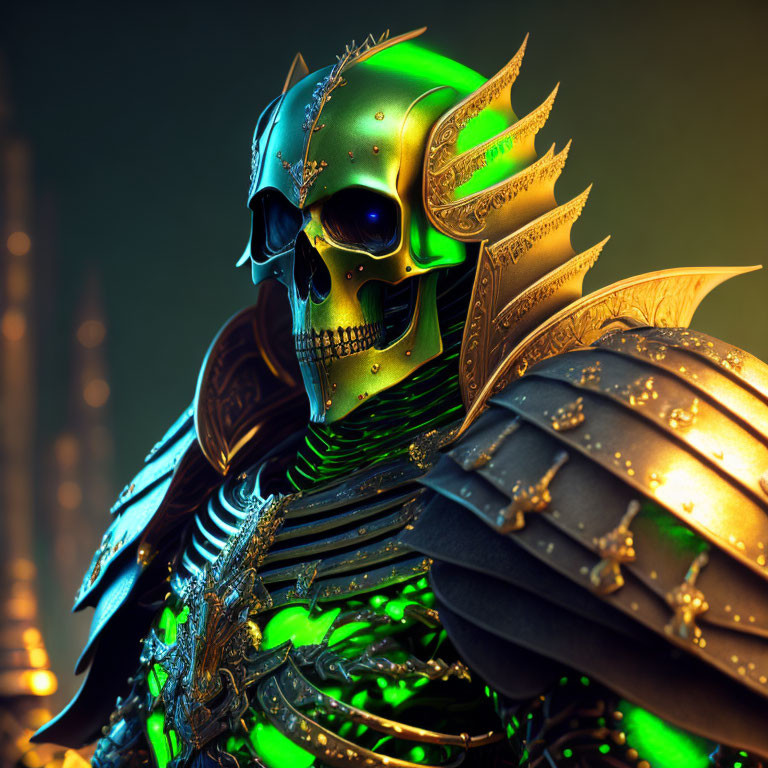 Detailed fantasy armored figure with green skull and golden helmet on dark background