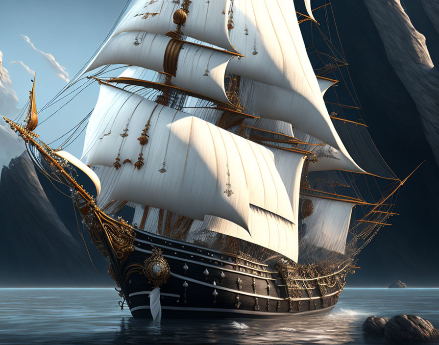 Majestic sailing ship with white sails navigating calm waters near mountains