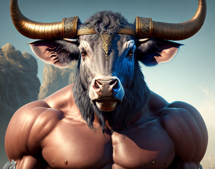 Muscular anthropomorphic bull with ornate horns under sky.
