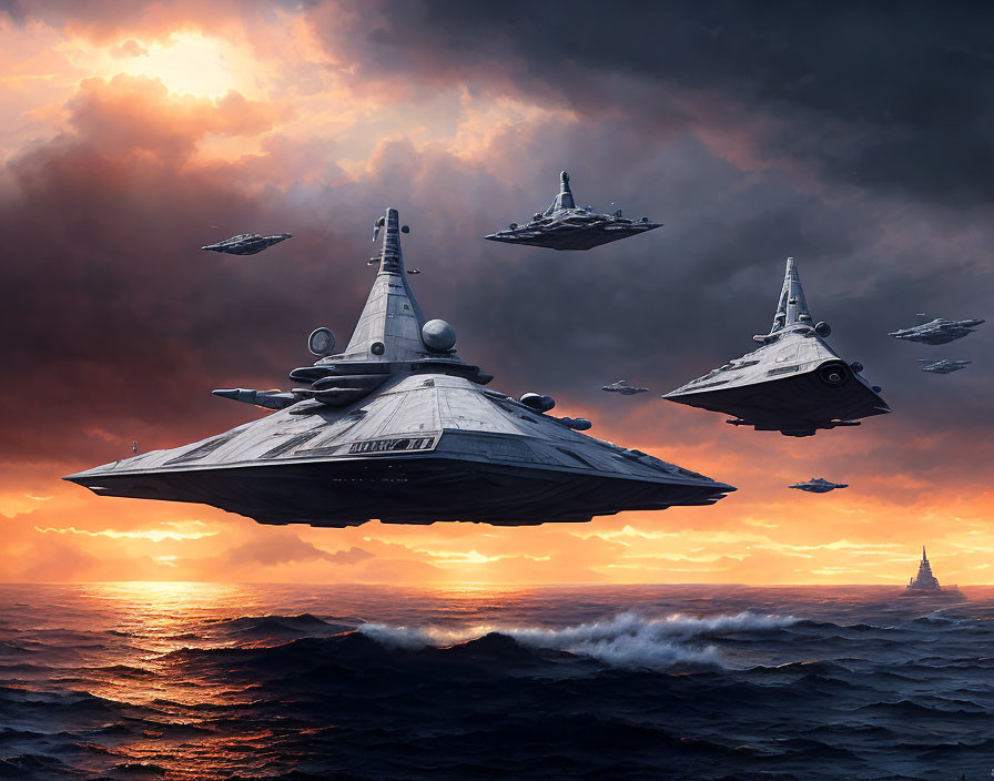 Starships above stormy ocean at sunset with dramatic clouds