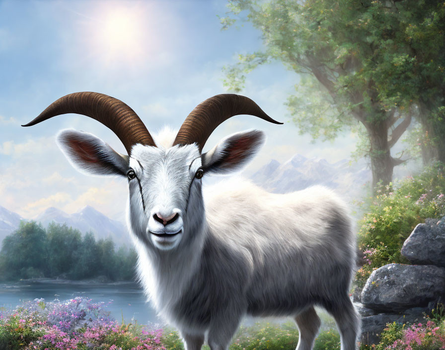 Smiling goat with large curved horns in sunny landscape