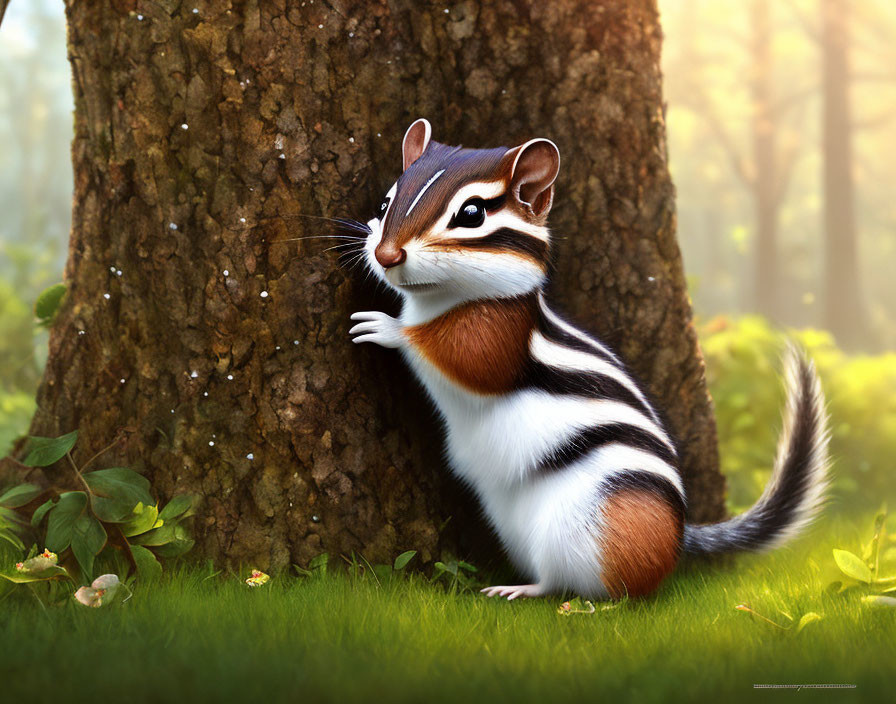 Chipmunk on Tree Trunk in Sunlit Forest with Green Foliage