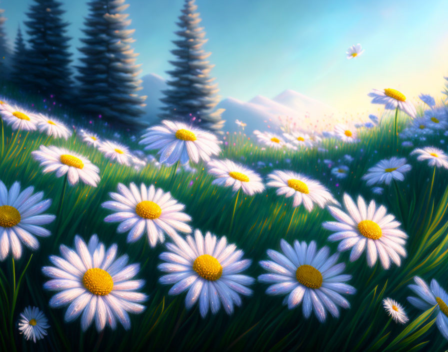 Tranquil sunrise scene: daisies, evergreen trees, butterfly