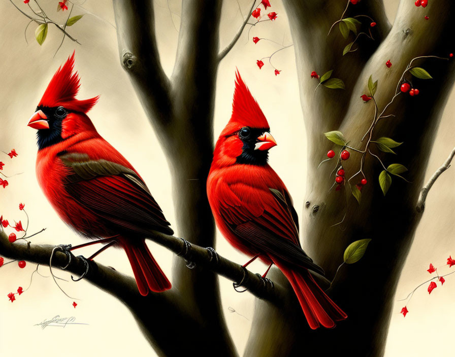 Vibrant red cardinals on branch with green leaves and red berries