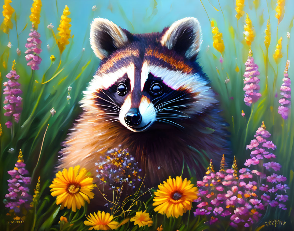 A Racoon In Some Wild Flowers
