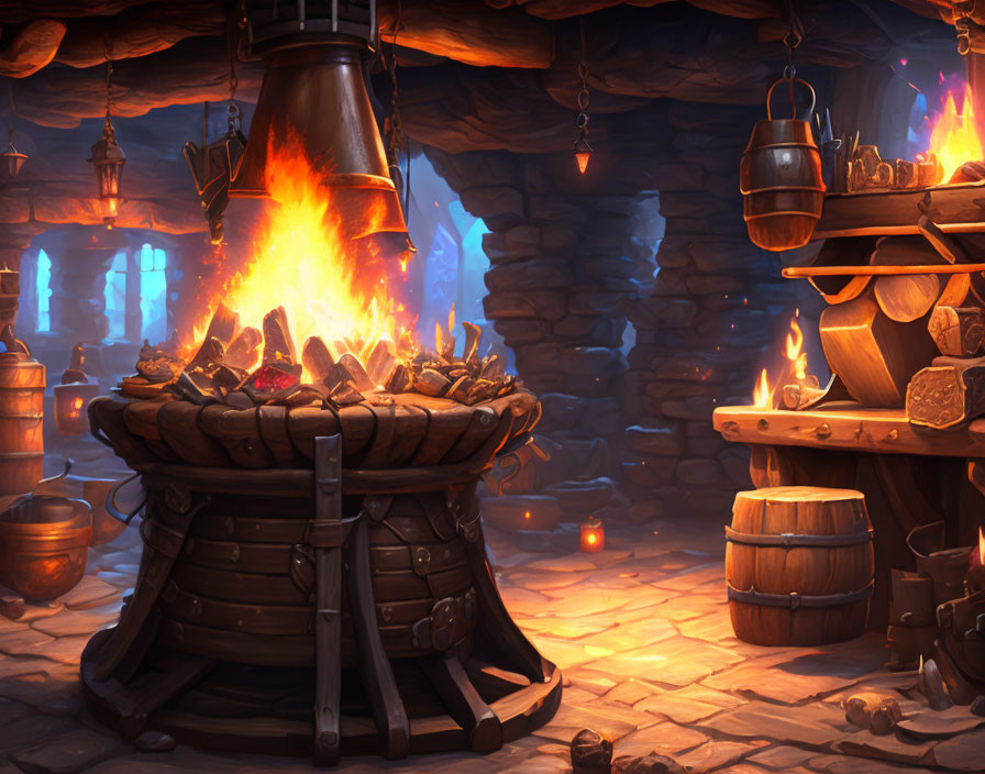 Fantasy Forge with Central Furnace, Stone Walls, and Hanging Pots