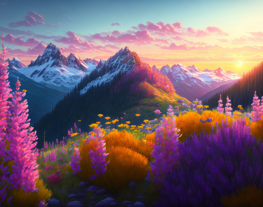 Scenic sunrise landscape with snowy mountains and vibrant meadows