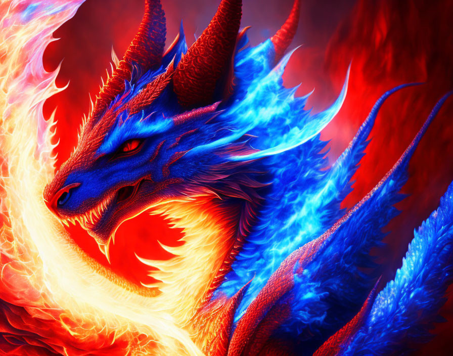Vibrant Blue Dragon with Red and Yellow Accents in Flames