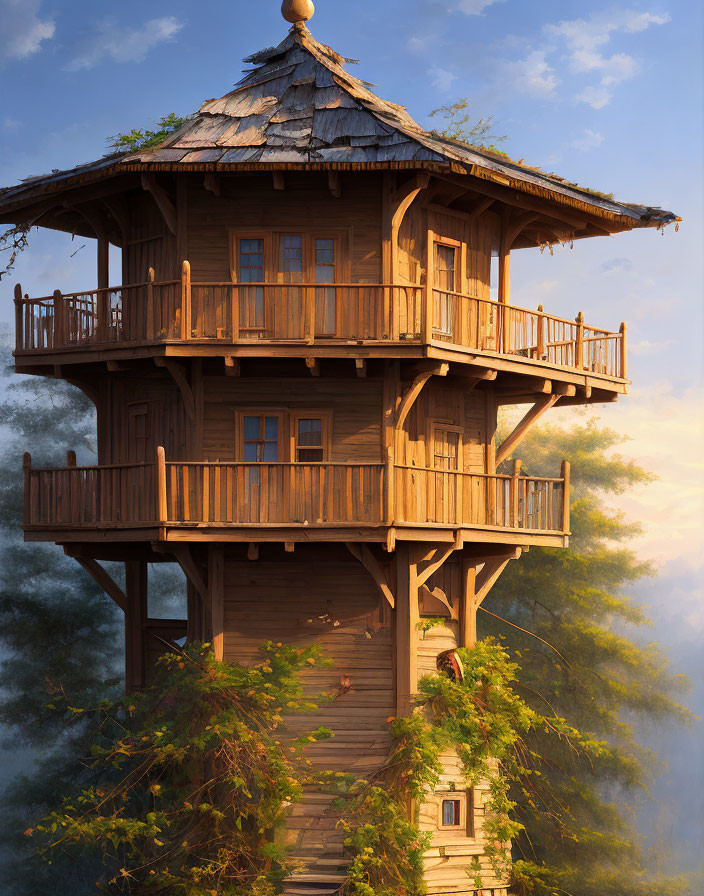 Wooden treehouse with balconies in misty forest
