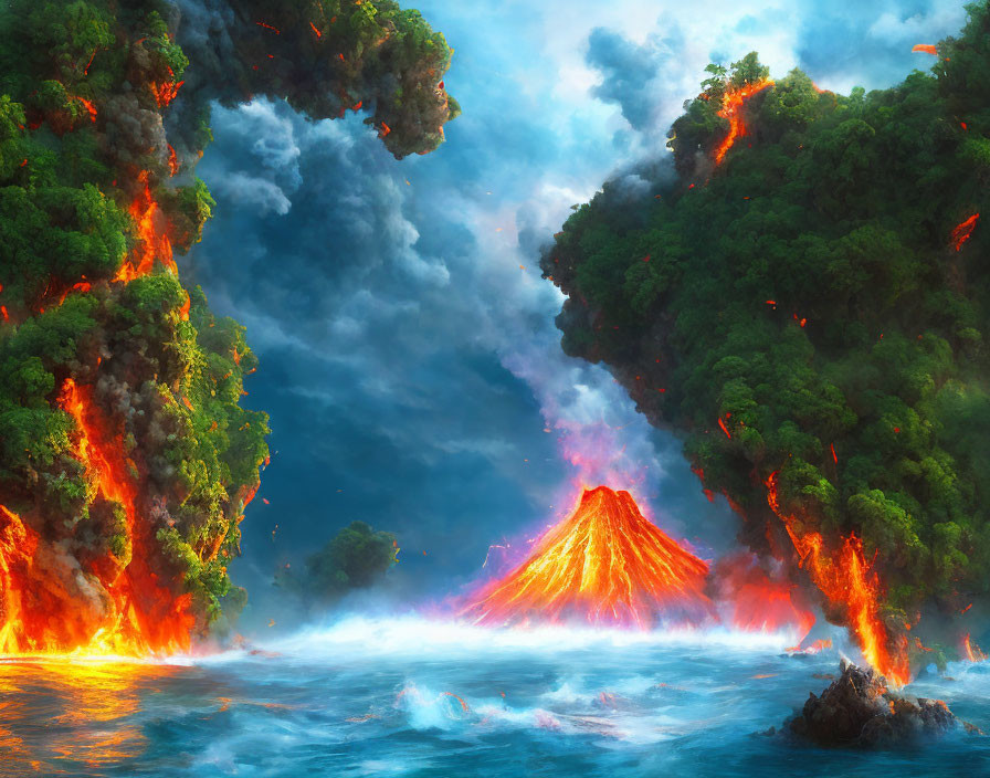 Vibrant volcanic eruption with lava flows into the sea amid lush greenery
