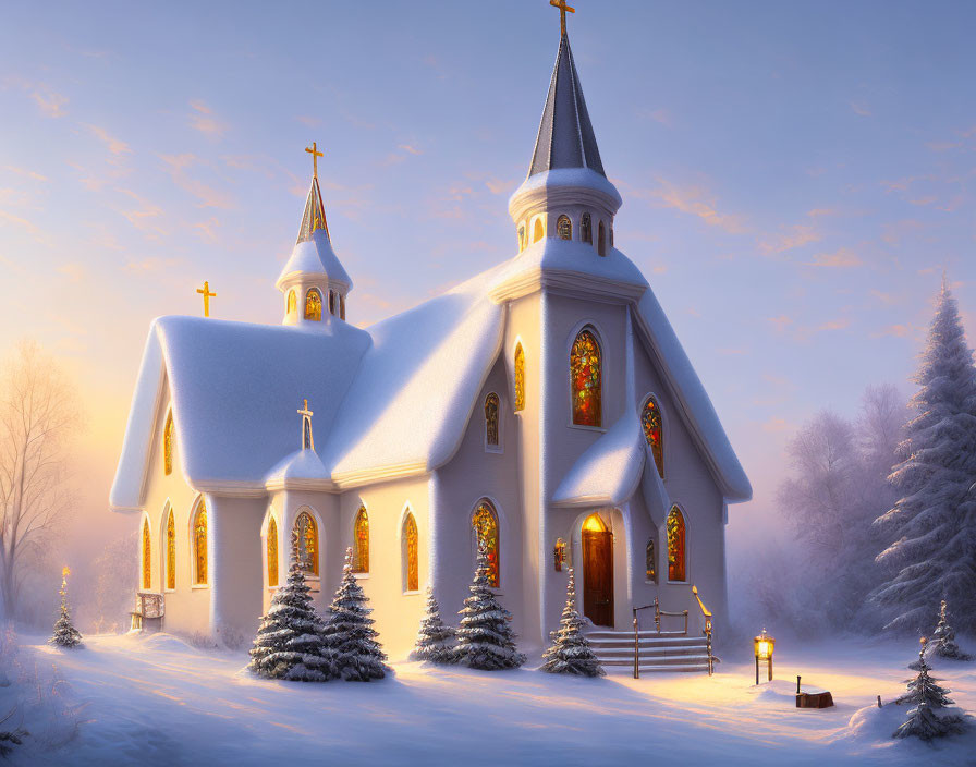 Snow-covered white church with glowing stained-glass windows in picturesque winter scene