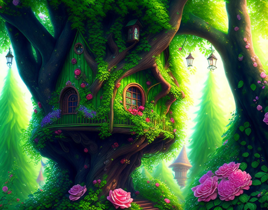 Enchanting treehouse with ornate windows and cozy balcony