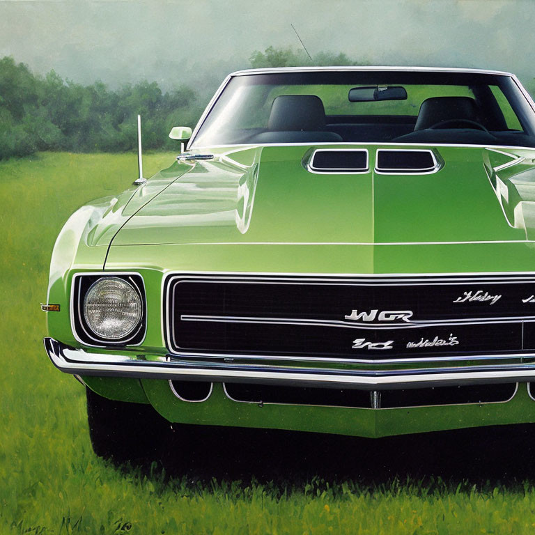 Classic Green Muscle Car with Black Stripe and Chrome Details in Grass Field