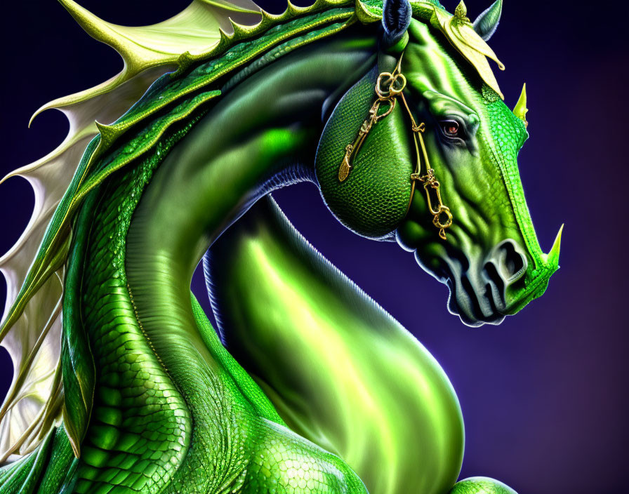 Colorful green dragon with horse-like features and golden jewelry on purple background