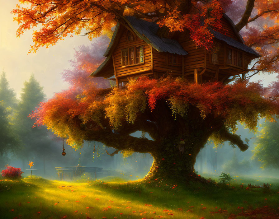 Autumnal forest treehouse with vibrant foliage and soft sunlight.