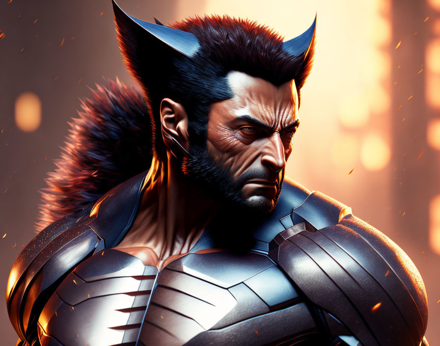 Muscular male character with wolf-like hair tips in armor, surrounded by floating embers.