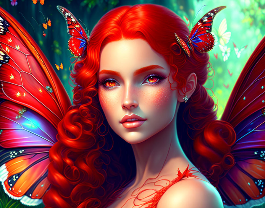 Vibrant red-haired woman with butterfly wings in lush green setting