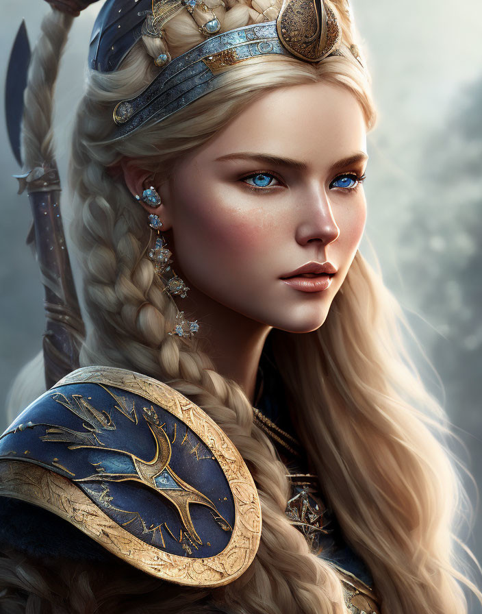 Fantasy Female Warrior Digital Artwork with Braided Blonde Hair