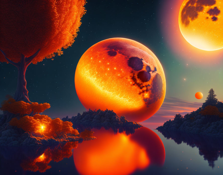 Sci-fi landscape with glowing orange planets, calm water, trees, rocks, and twilight sky