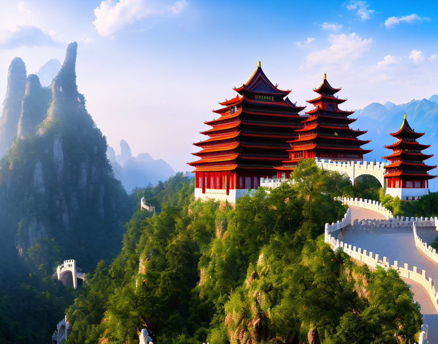 Traditional Chinese Pagoda in Green Mountains and Blue Sky