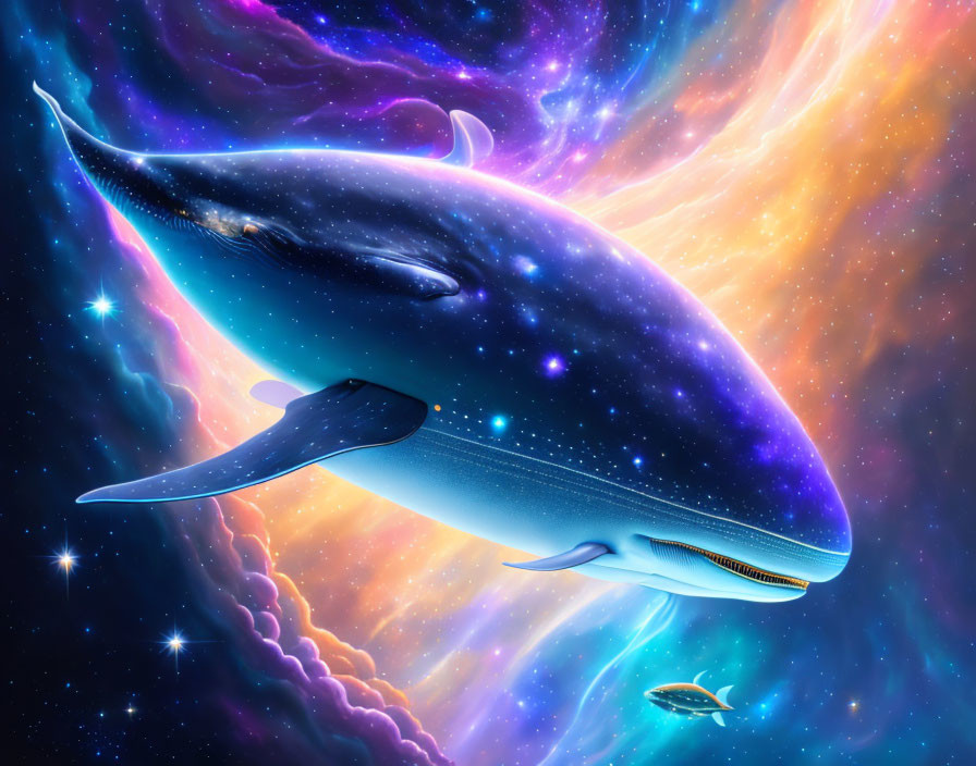Cosmic whale with star-filled body in vibrant nebula