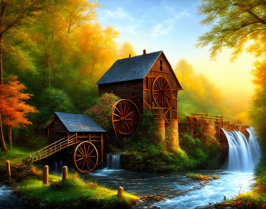 Scenic wooden watermill by autumn waterfall and vibrant trees
