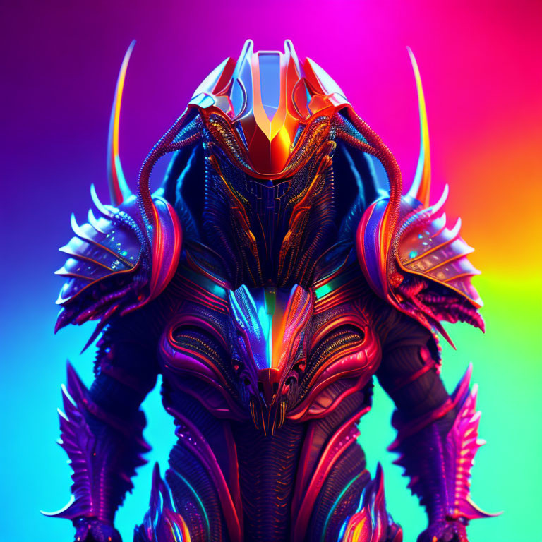 Intricate designs on futuristic armored figure on vibrant gradient background