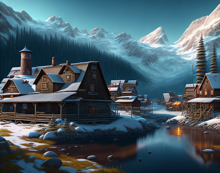 Snow-covered cabins, reflective lake, water tower, forest, mountains at dusk