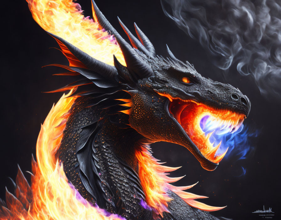 Majestic dragon with fiery scales and breath on dark background