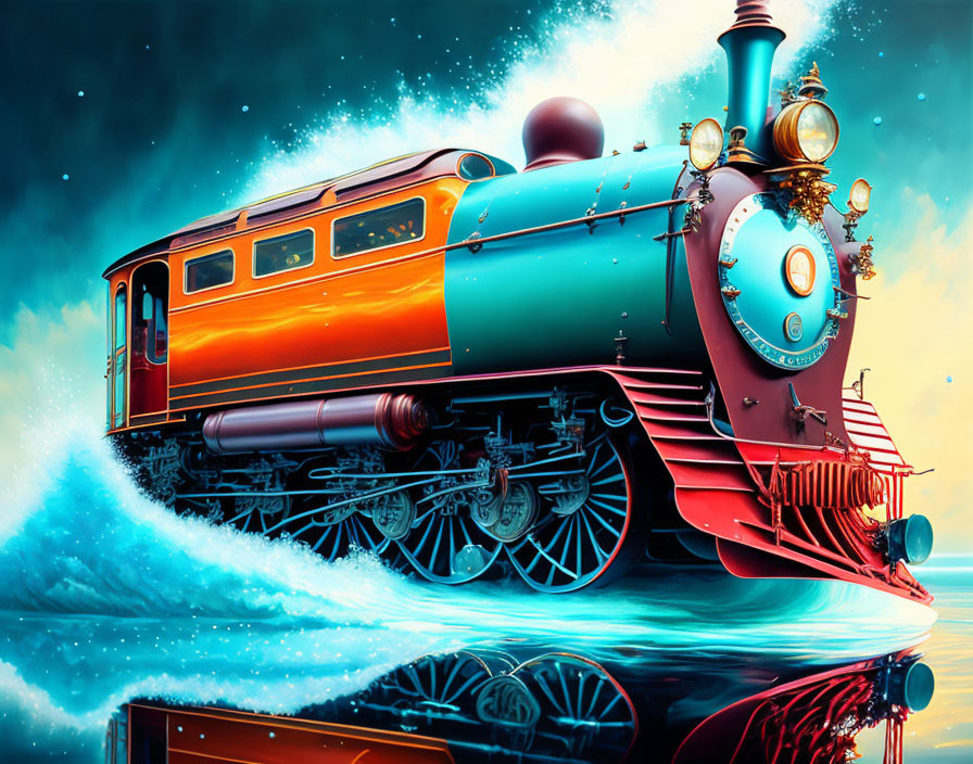 Detailed Illustration: Classic Steam Train on Surreal Wave at Sunset