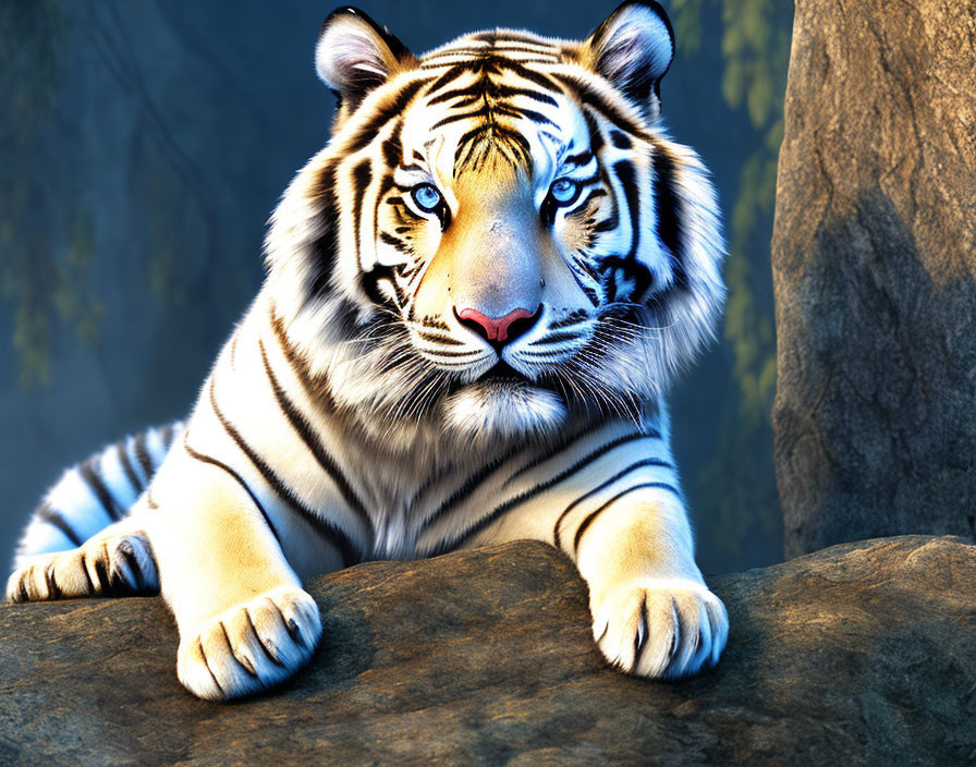 White Tiger with Blue Eyes and Prominent Stripes Lounging on Rock