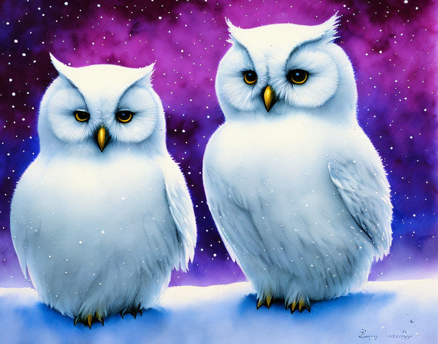 Stylized white owls with yellow eyes on snowy backdrop and violet sky