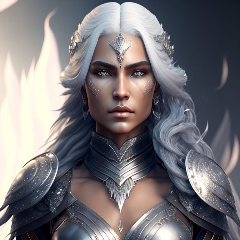 Silver-haired fantasy figure in ornate armor and tiara amid flames.