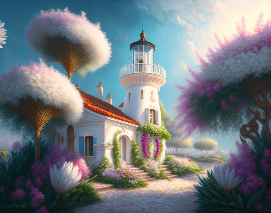 Whimsical lighthouse in vibrant fantasy landscape
