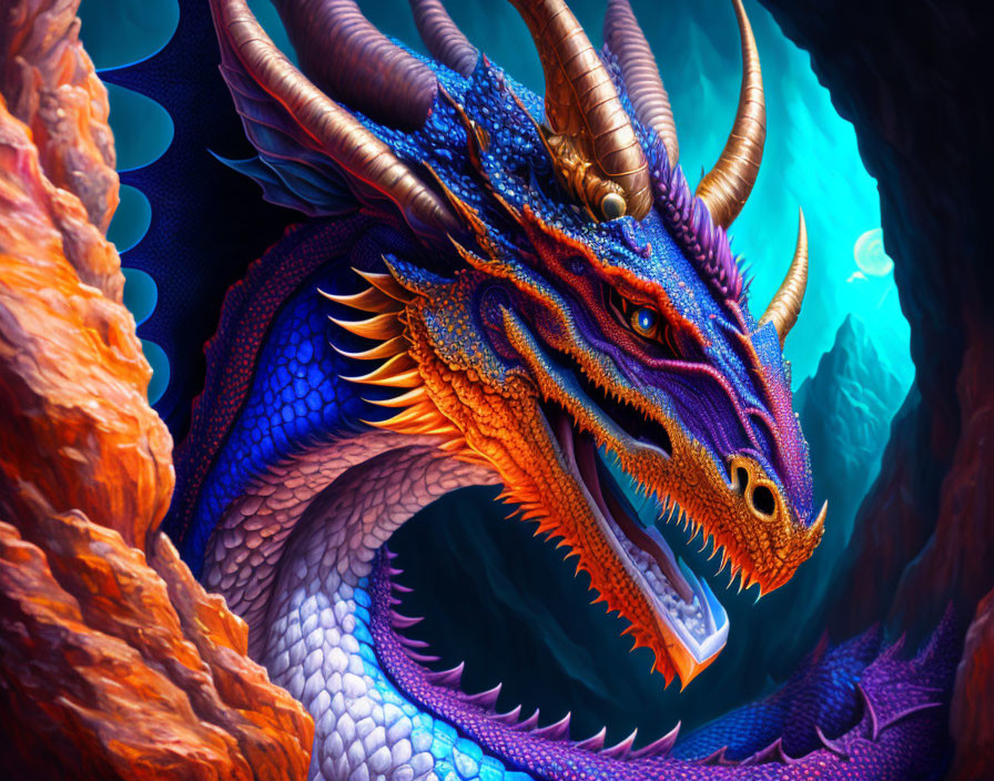 Colorful Blue and Orange Dragon with Horns and Sharp Teeth in Rocky Cave