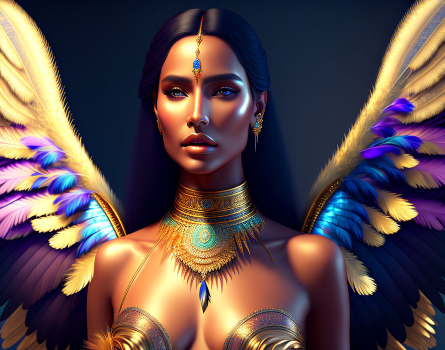 Digital art portrait of a woman with golden skin, dark hair, vibrant wings, and intricate gold jewelry