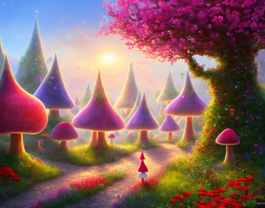 Whimsical landscape with cone-shaped trees, winding path, vibrant flowers, mushrooms, and gnome under