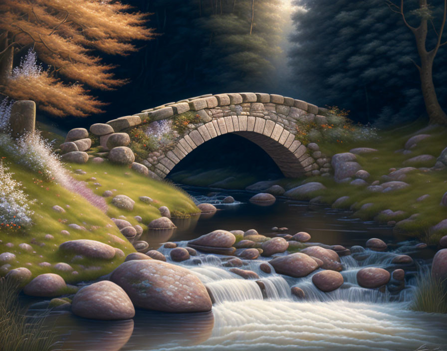 Stone bridge over tranquil stream in serene forest setting with sunlight filtering.