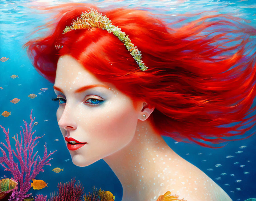Vibrant underwater scene: woman with red hair, blue eyes, diadem, coral, and