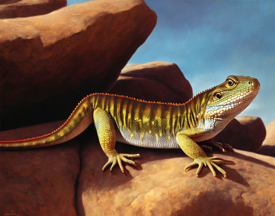 Realistic painting of lizard basking on rock under warm light