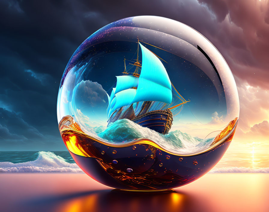 Surreal image: ship sailing in transparent sphere with waves under colorful sunset sky