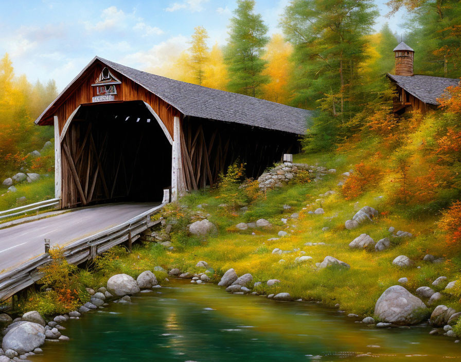 Scenic autumn landscape with covered bridge, river, and chapel