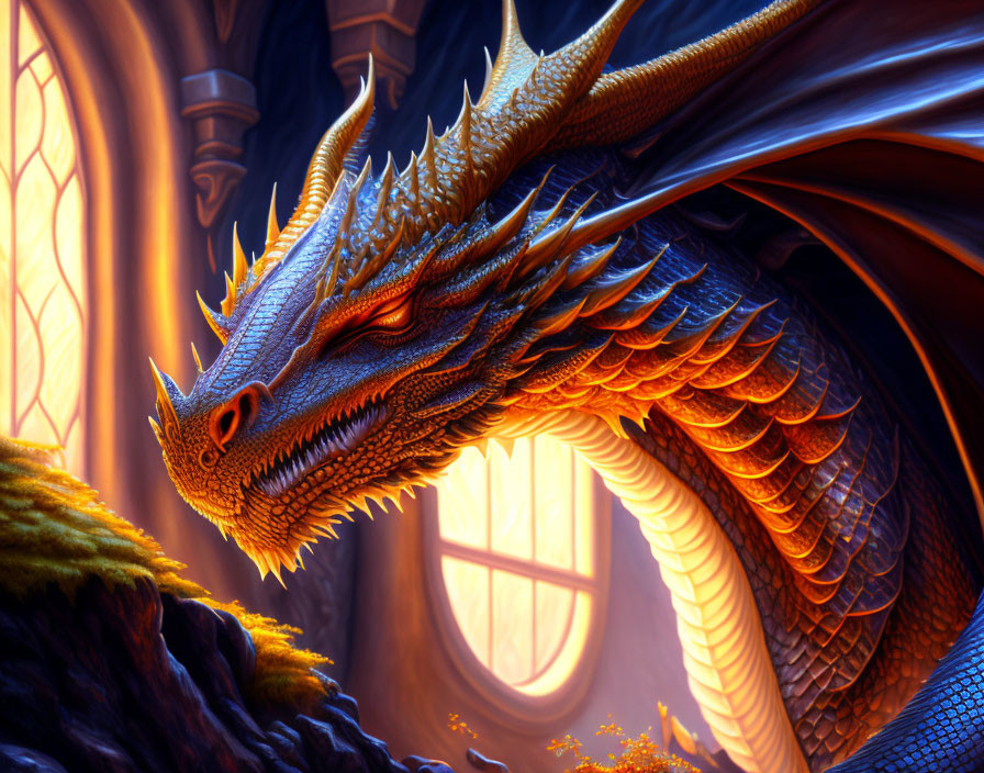 Blue and Orange Dragon Perched by Stained-Glass Window in Castle