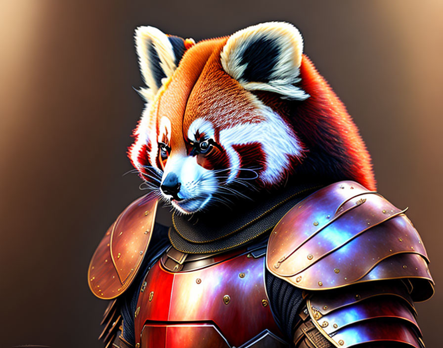 Detailed digital illustration of red panda in armor on soft-focus background