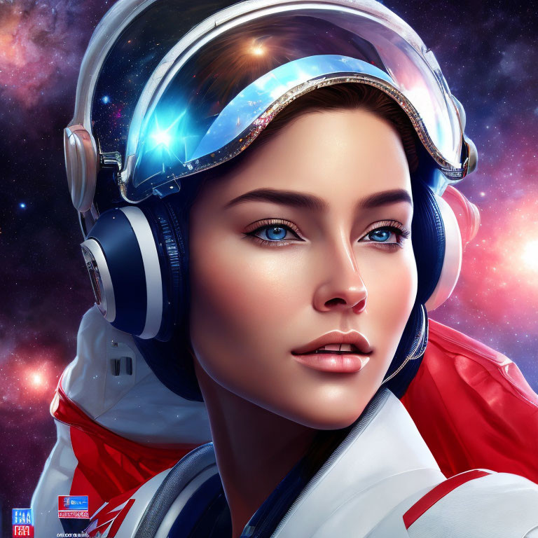 Woman astronaut digital artwork: glossy blue eyes, reflective helmet, headphones, cosmic starry background